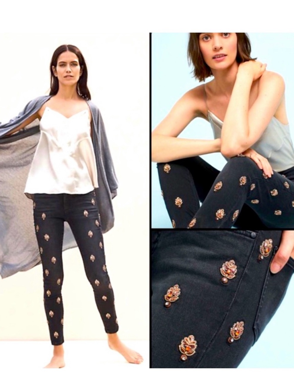 Pilcro Black Skinny Jeans with Gold Beaded Floral Embellishments